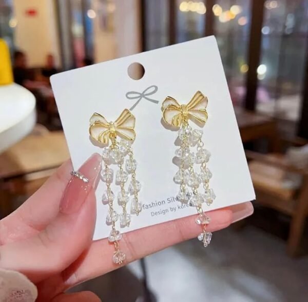 Crystal Drop Dangle Earrings with Gold Bow, Long Tiered Design - Image 2