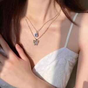 Layered Crystal Butterfly Pendant Necklace Set, Silver Chain, Opal Teardrop Charm