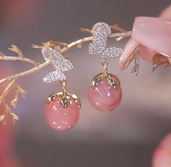 Crystal Butterfly Drop Earrings, Pink Peach Spheres - Image 4