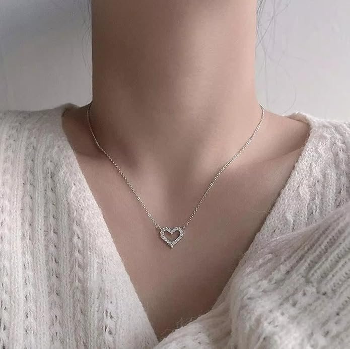 Rhinestone Heart Pendant Necklace, Sterling Silver
