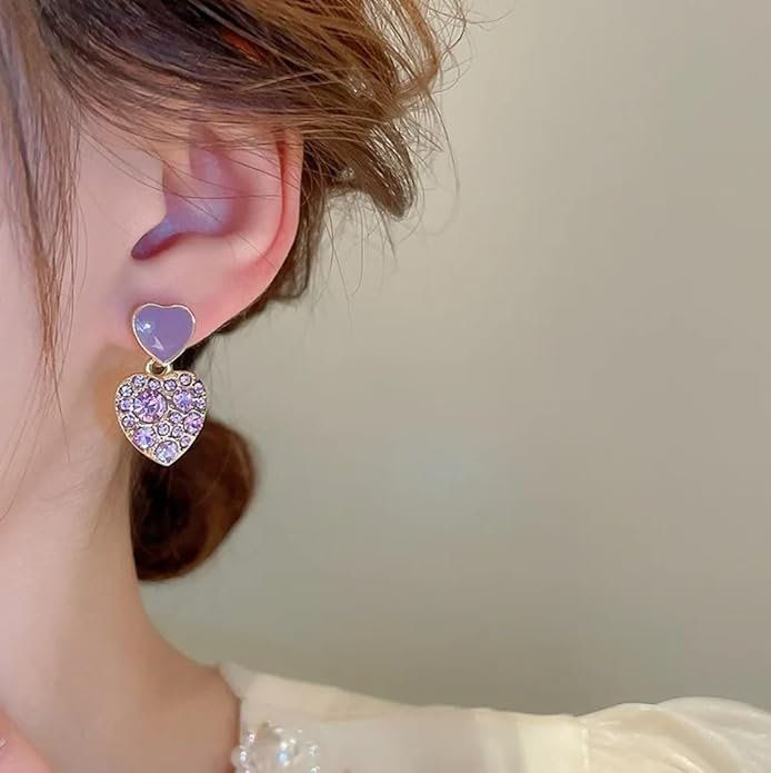 Heart-Shaped Drop Earrings, Gold-Toned, Lavender Crystal Rhinestones, Purple Enamel - Image 3