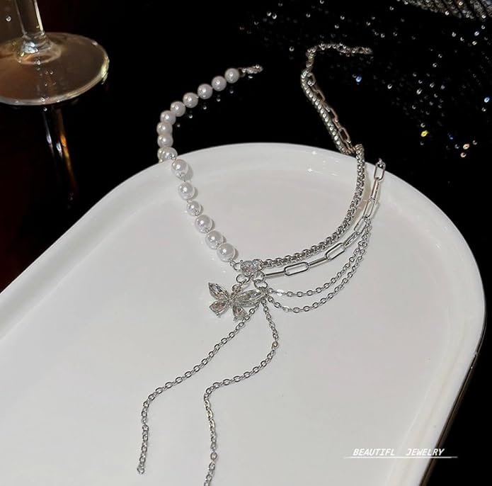 Elegant Pearl Necklace with Crystal Butterfly Pendant, White