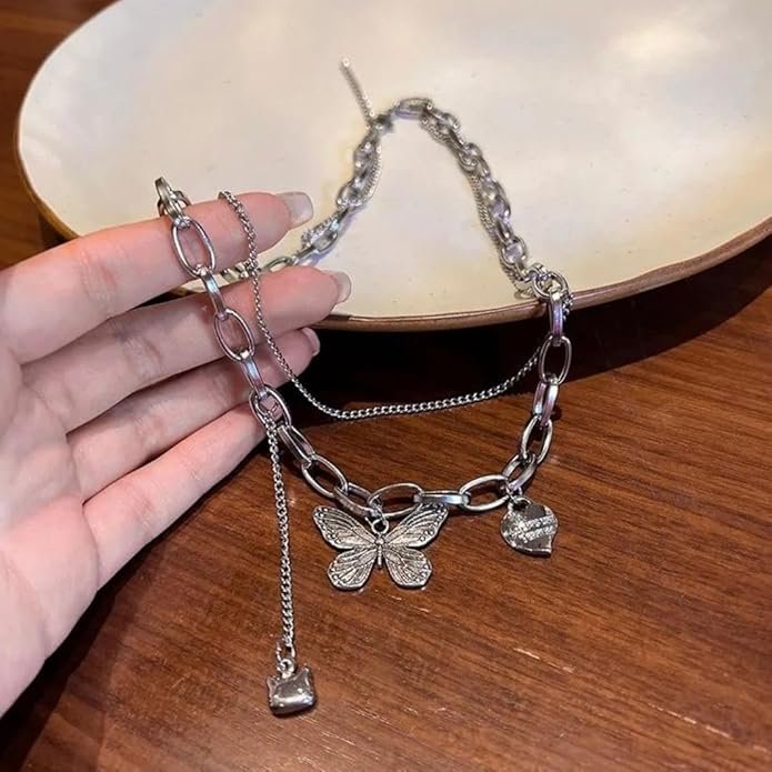 Layered Chain Necklace with Butterfly Pendant, Silver, Double Strand Design - Image 3