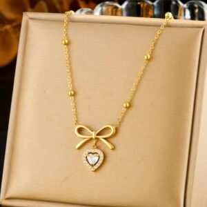 Elegant Gold-Plated Bow Necklace with Crystal Heart Pendant, Beaded Chain Design