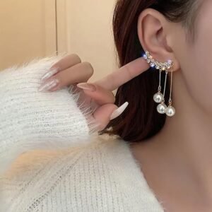 Crystal Ear Climber Earrings with Dangling Pearl Drops, 3 Pearl Strands