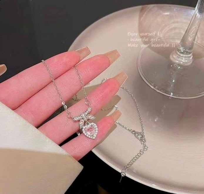 Elegant Heart Crystal Pendant Necklace with Bow, Sterling Silver Chain - Image 3