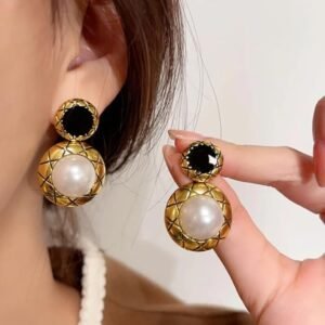 Vintage Pearl Drop Earrings, Gold-Tone Quilted Design, Black Onyx Studs