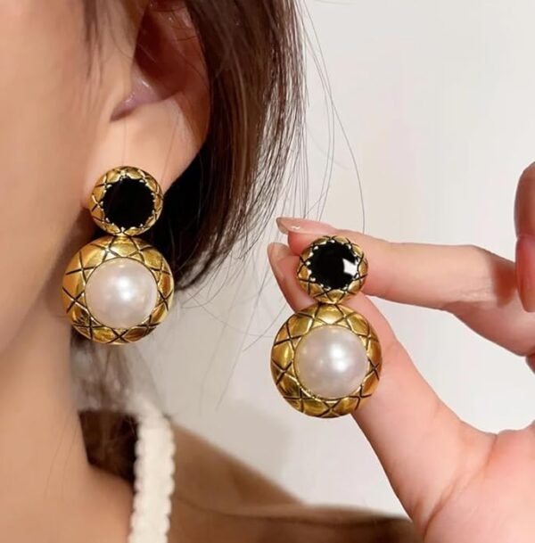 Vintage Pearl Drop Earrings, Gold-Tone Quilted Design, Black Onyx Studs