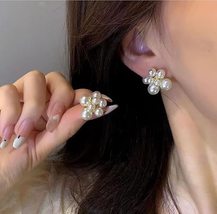 Faux Pearl Cluster Stud Earrings, Gold-Tone Base, Cream White - Image 2