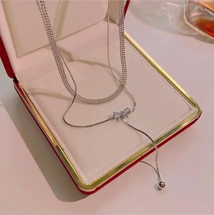 Double Layer Crystal Bow Necklace, Adjustable Length - Image 3