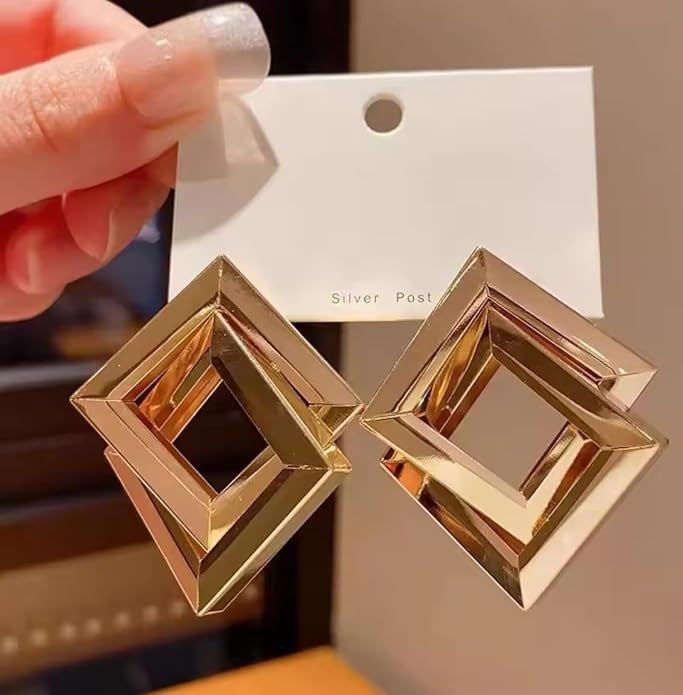 Geometric Square Stud Earrings, Gold-Plated, Modern Design - Image 2