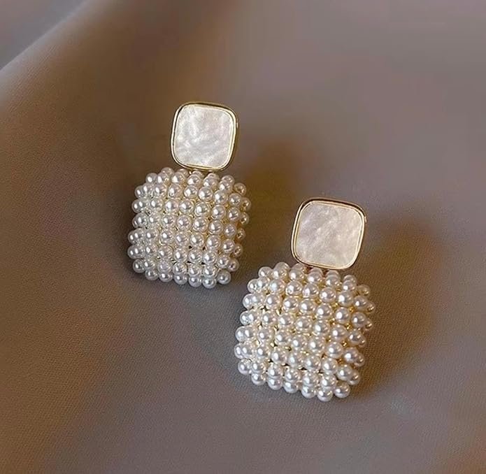 Pearl Drop Earrings, Square Mother of Pearl Stud - Image 2