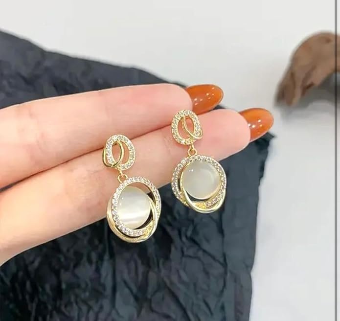 Elegant Moonstone Drop Earrings, Gold-Plated Crystal Rhinestone Halo Design, Oval Cat's Eye Stone - Image 5