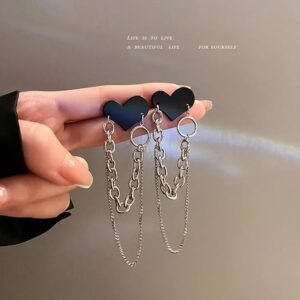 Heart Chain Wallet Chain, Silver Metal Double Link, Black Heart Design