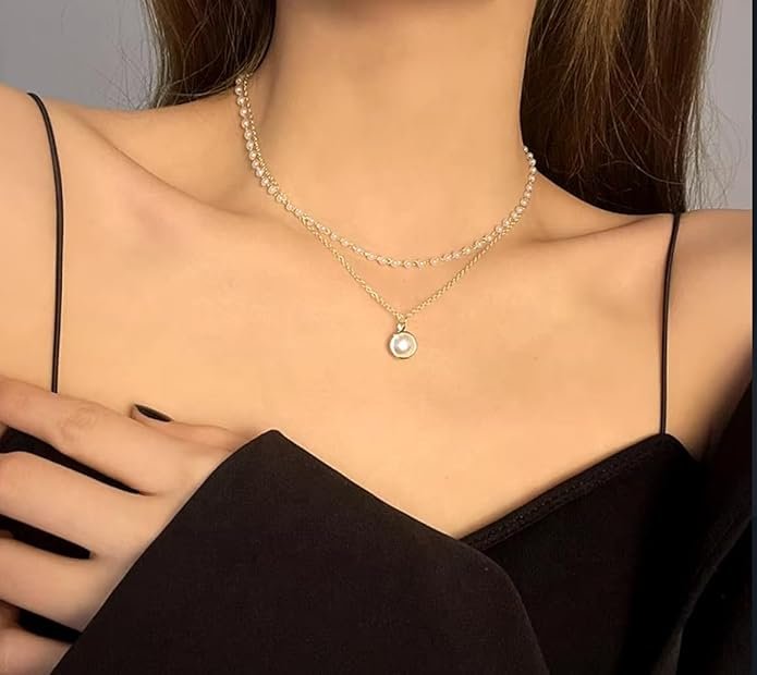 Layered Pearl Necklace, Gold-Plated Chain with Pearl Pendant, Double Strand Design - Image 3