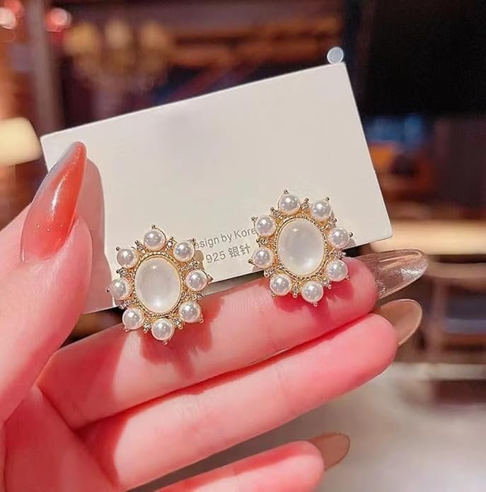 Elegant Pearl Stud Earrings, Gold-Toned Floral Design, White Pearl Centre with Small Pearl Accents - Image 5