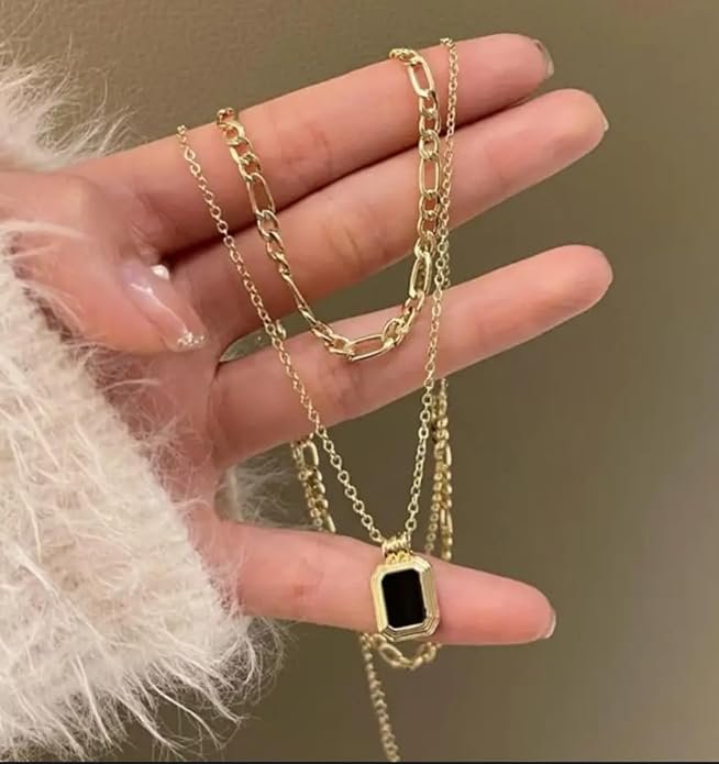 Layered Chain Necklace with Black Pendant, Gold-Toned, Double Strand Design - Image 3