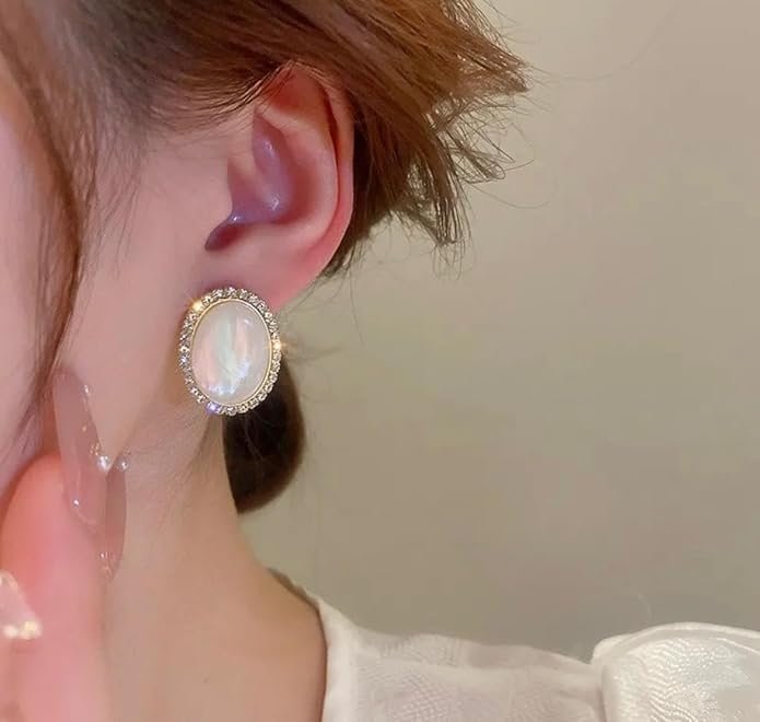 Oval Mother of Pearl Stud Earrings with Crystal Rhinestone Border - Image 2