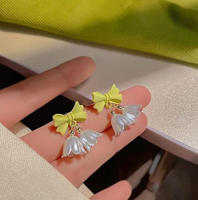 Floral Drop Earrings with Green Bow and White Petal Dangles - Image 5