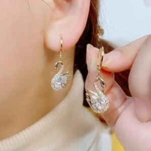 Swan Pendant Earrings with Crystals, Silver Tone