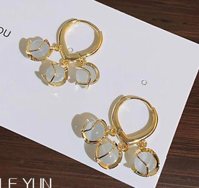 Gold-Plated Drop Earrings with White Pearl Beads, Triple Dangle Design - Image 2