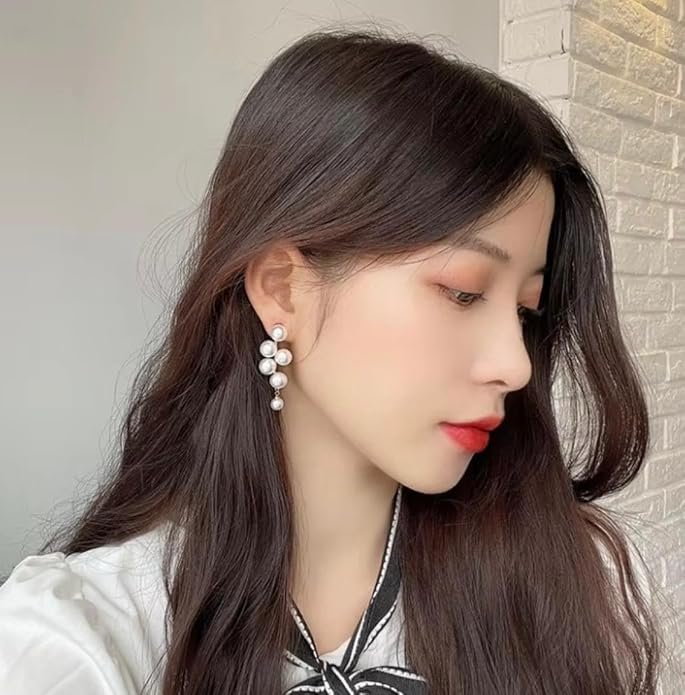 Elegant Pearl Drop Earrings, Gold-Toned Metal, 6-Pearl Cascade Design, White - Image 3