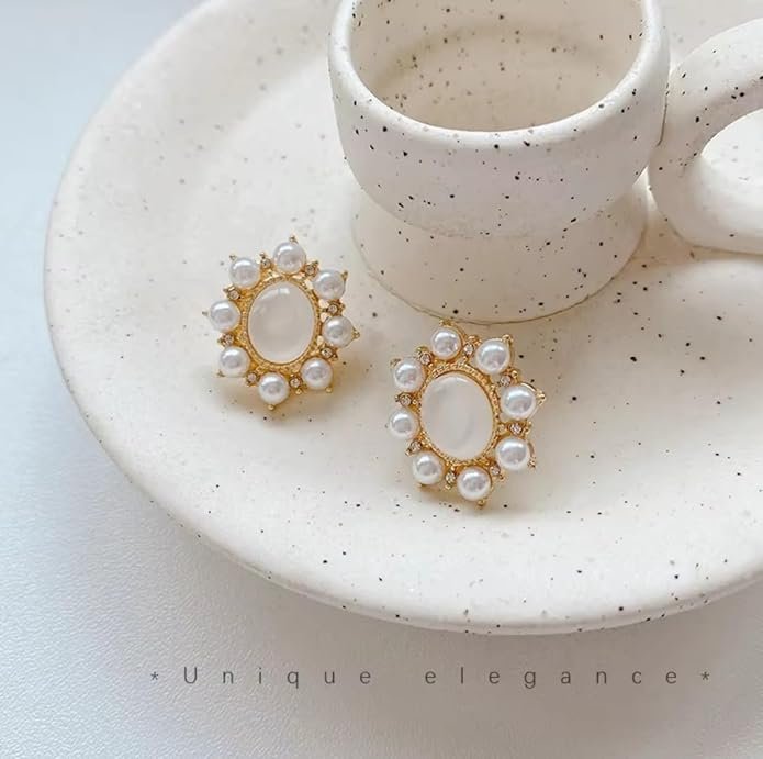 Elegant Pearl Stud Earrings, Gold-Toned Floral Design, White Pearl Centre with Small Pearl Accents