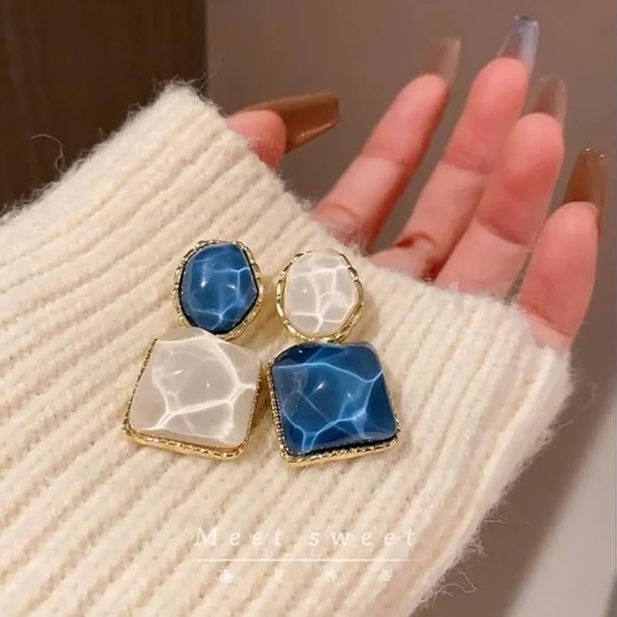 Geometric Drop Earrings, Blue and White Marble Effect - Image 3