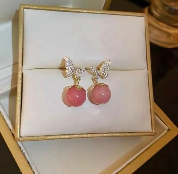 Crystal Butterfly Drop Earrings, Pink Peach Spheres - Image 5