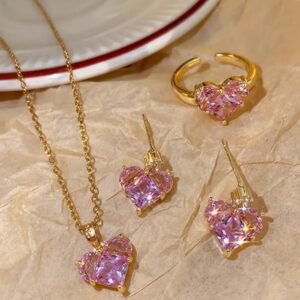 Heart-Shaped Pink Crystal Jewelry Set, Gold Plated Necklace Earrings Ring, 3 Piece