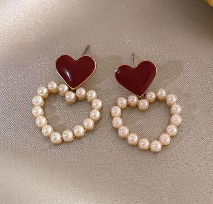 Heart Pearl Drop Earrings, Red Enamel Heart with Faux Pearl Circle - Image 2
