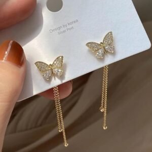 Crystal Butterfly Drop Earrings, Gold-Plated Chain Tassel, Rhinestone Studded