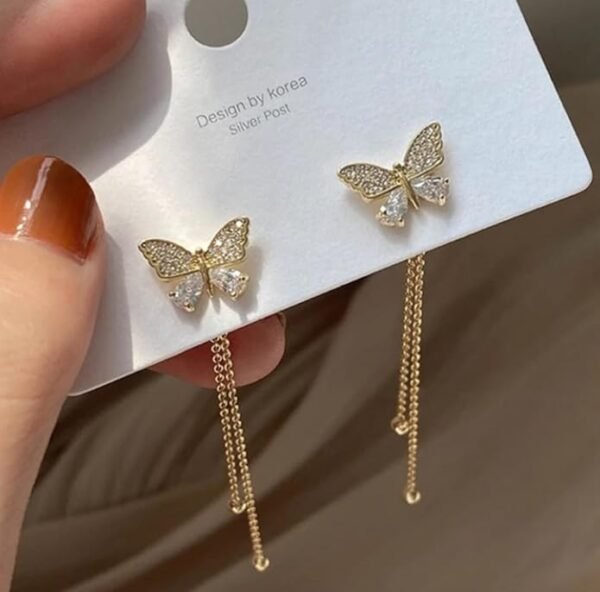 Crystal Butterfly Drop Earrings, Gold-Plated Chain Tassel, Rhinestone Studded