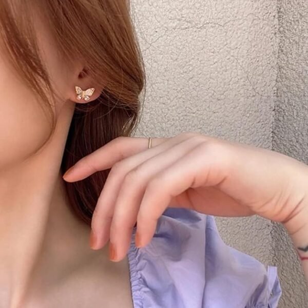 Crystal Butterfly Drop Earrings, Gold-Plated Chain Tassel, Rhinestone Studded - Image 3