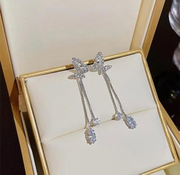 Crystal Butterfly Drop Earrings, Dangle Design with Rhinestones - Image 4