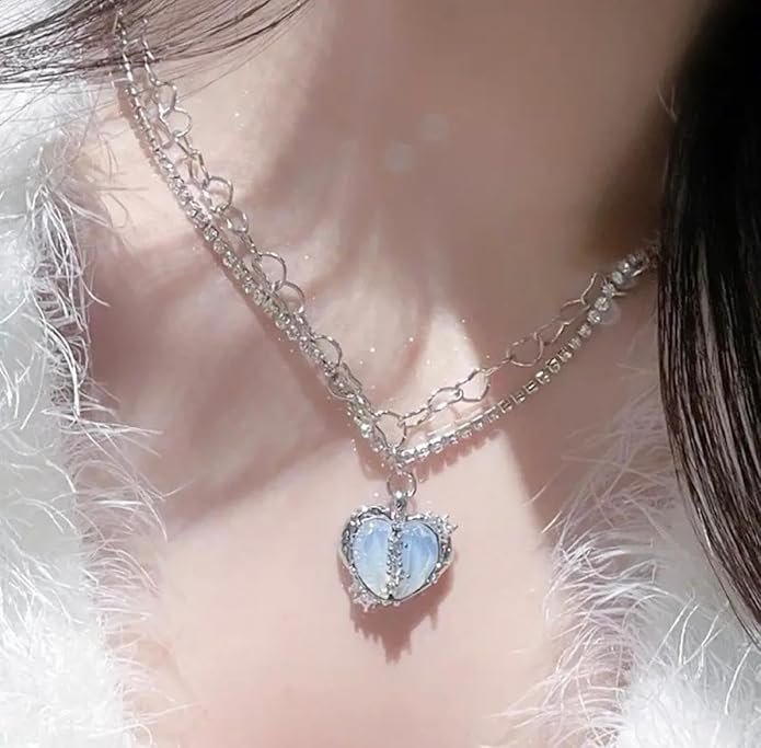 Heart Pendant Chain Necklace, Decorative Heart Charm with Crystal Accent