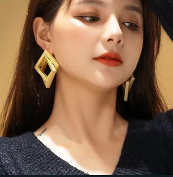 Geometric Square Stud Earrings, Gold-Plated, Modern Design - Image 5