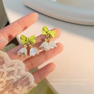 Floral Drop Earrings with Green Bow and White Petal Dangles