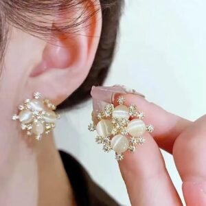 Crystal Flower Stud Earrings with Rhinestones, Gold-Toned