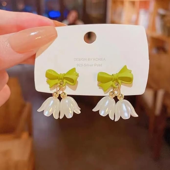 Floral Drop Earrings with Green Bow and White Petal Dangles - Image 4