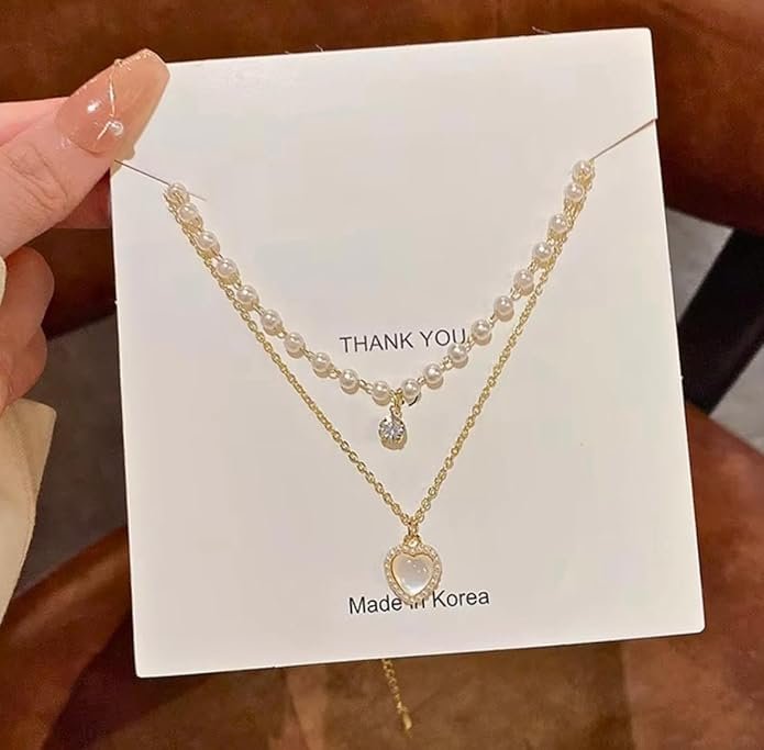 Layered Pearl Heart Pendant Necklace, Double Strand Fashion Jewelry - Image 4