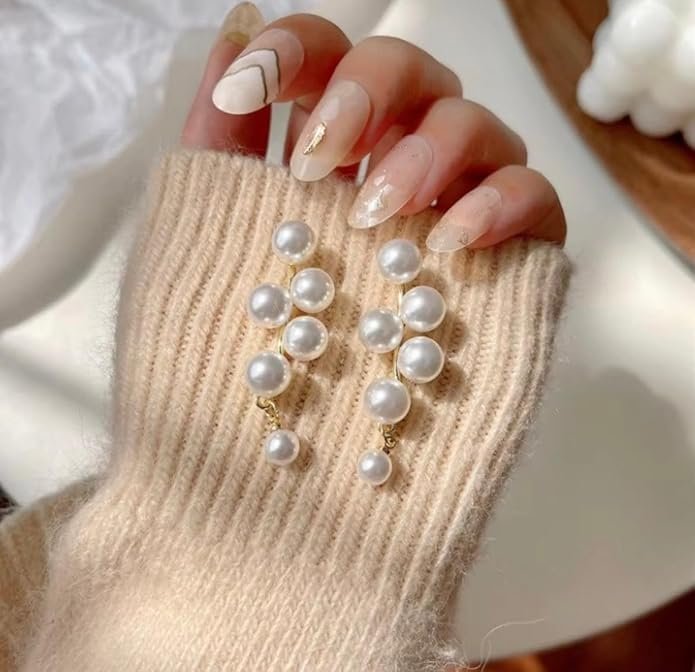 Elegant Pearl Drop Earrings, Gold-Toned Metal, 6-Pearl Cascade Design, White