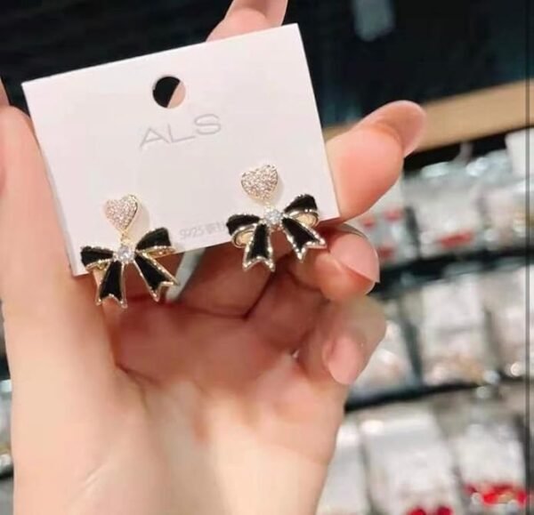 Bow Stud Earrings with Pave Rhinestones, Black and Gold - Image 3