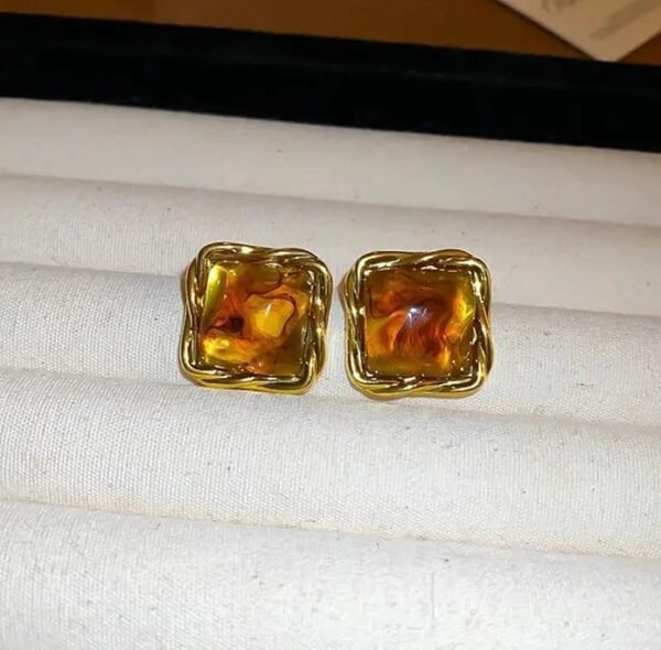 Amber Square Stud Earrings, Gold-Tone Frame - Image 3