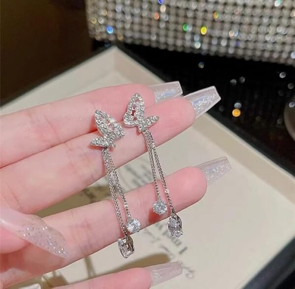 Crystal Butterfly Drop Earrings, Dangle Design with Rhinestones - Image 5