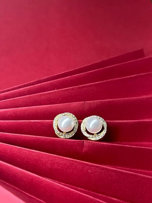 Pearl Stud Earrings with Crystal Rhinestone