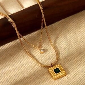 Layered Gold-Plated Necklace Set, Square Emerald Green Pendant, Crystal Charm