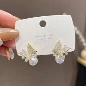 Crystal Butterfly Pearl Stud Earrings, Gold-Plated, Rhinestone Embellished