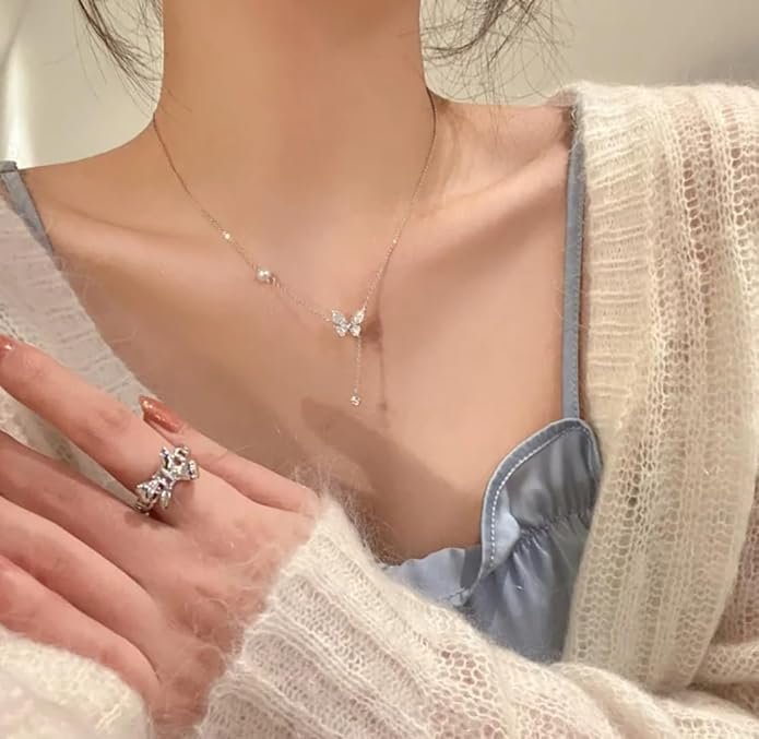 Elegant Butterfly Crystal Pendant Necklace, Silver Chain with Rhinestone Drop - Image 3