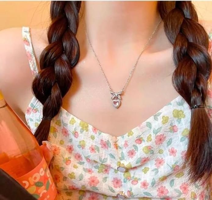 Elegant Heart Crystal Pendant Necklace with Bow, Sterling Silver Chain